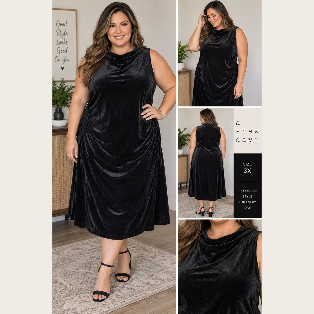 3X Black Velvet Midi Dress Ruched Sides Cowl Neck Sleeveless NWT A New Day